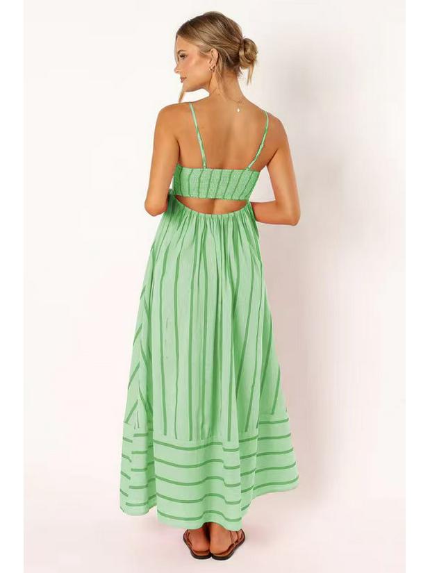 Spring/Summer 2024 Striped Off-Shoulder Wide-Hem Camisole Dress - Fresh Casual Vacation Style