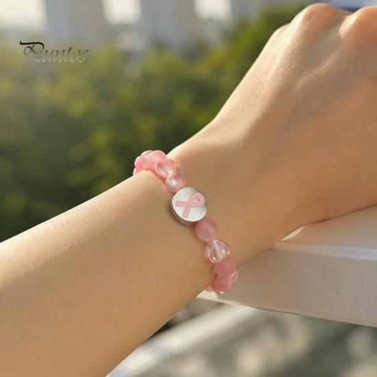 Delicate Beaded Jewelry for Charity Breast Cancer Awareness Bracelets, Ribbon Charm Beads Stretchable Bead Bracelet Daily Wear Elastic Bracelet,