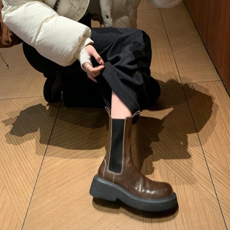 Heavy 6cm Shrink Horse Leather Elastic Band Thick Bottom Heel Short Shoes Chelsea Boots Women