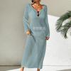 European-American Hollow Texture V-Neck Button Backless Long-Sleeve Beach Dress