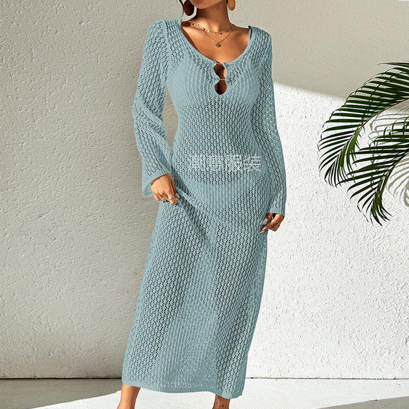 European-American Hollow Texture V-Neck Button Backless Long-Sleeve Beach Dress