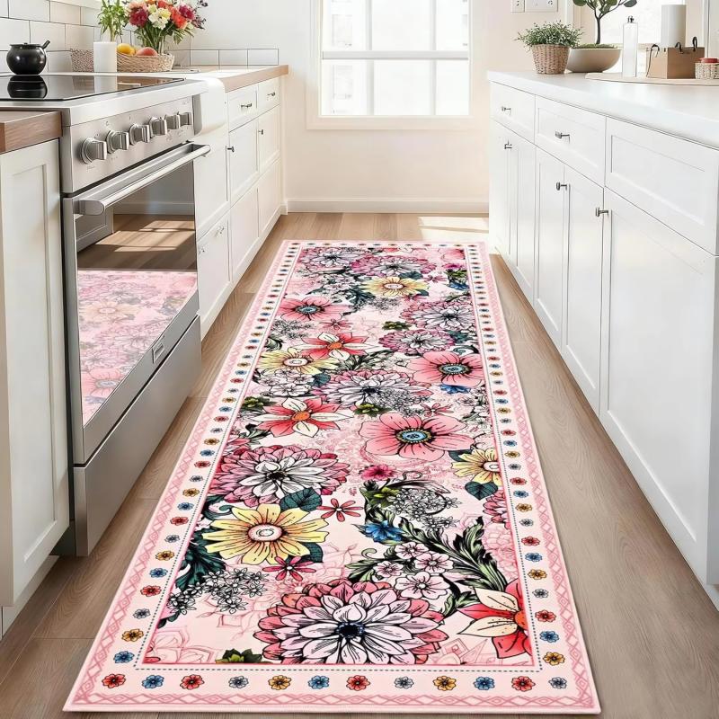 Vintage Floral Runner Rug Boho Flower Printed Long Floor Mat Anti Slip Easy Clean Kitchen Corridor Entryway Home Decor Ma