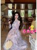 French Off-Shoulder Butterfly Print Long-Sleeve Ruffle Dress for Women - Spring/Summer Collection