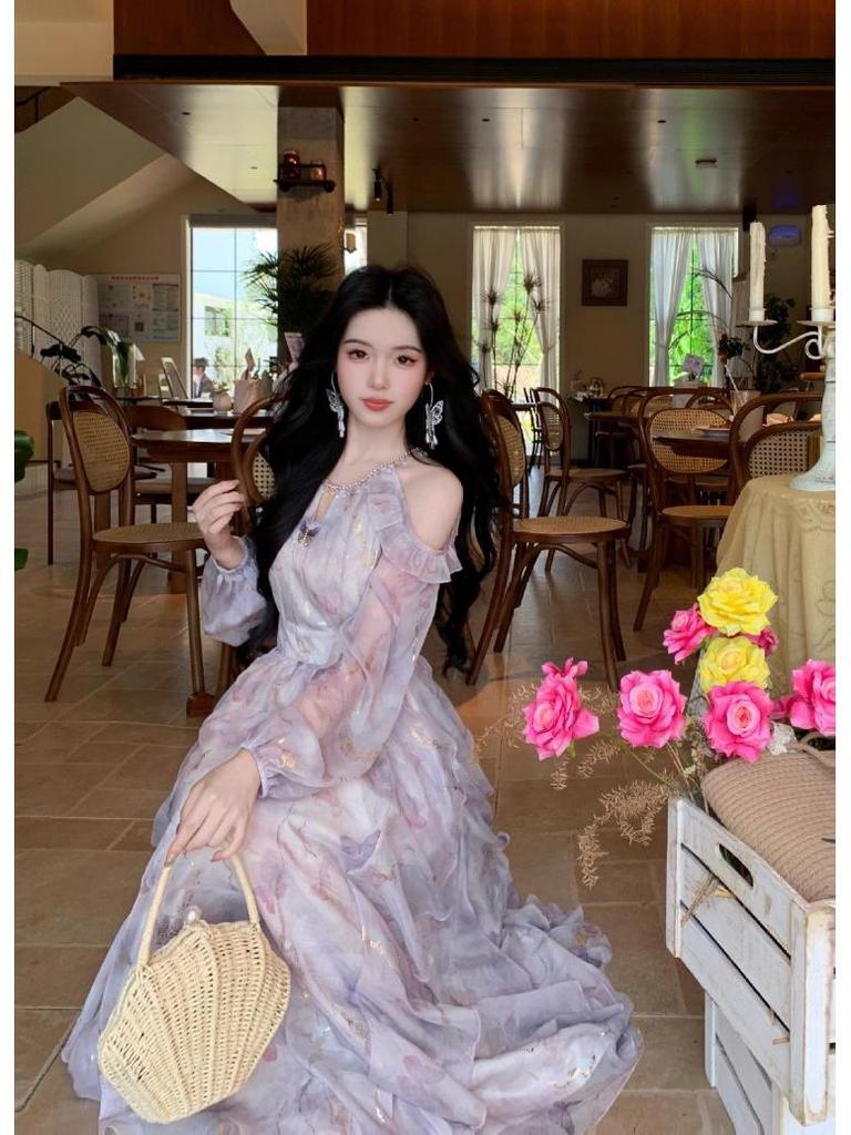 French Off-Shoulder Butterfly Print Long-Sleeve Ruffle Dress for Women - Spring/Summer Collection