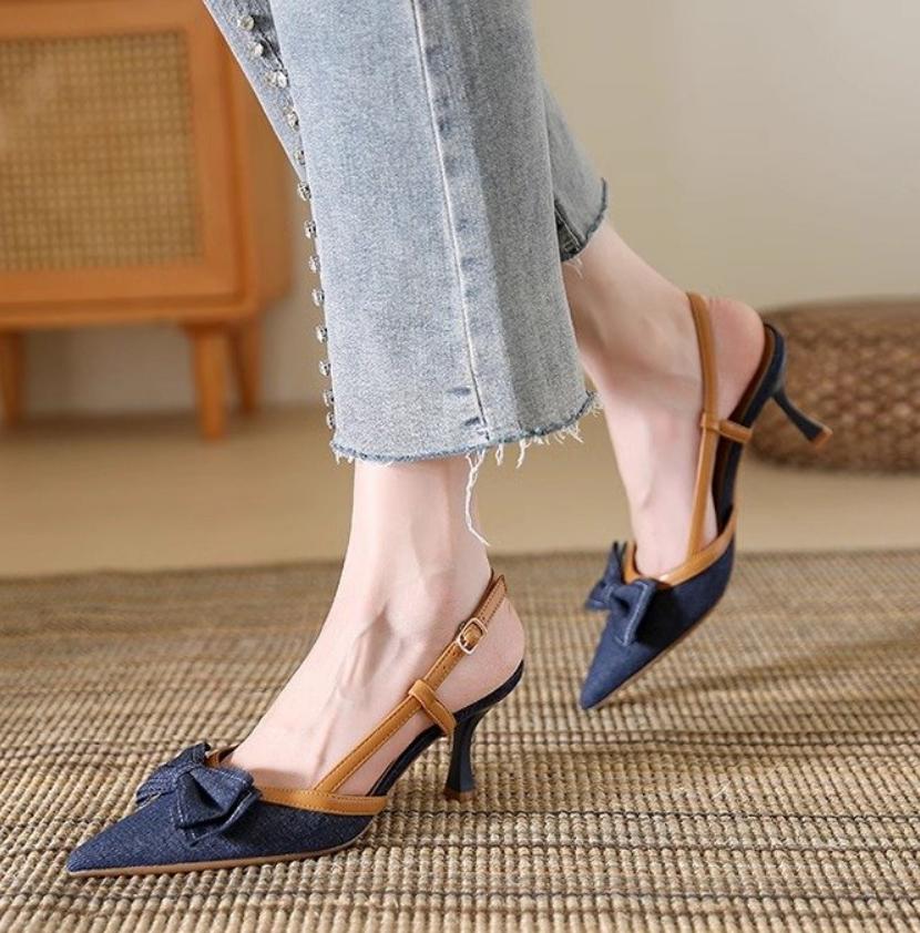 Fashion Sling Women's Shoes Pointed Toe Heels Denim Bow Sandals Women Slingback Dress Party Fashion Heeled Sandals Summer Pumps Slides