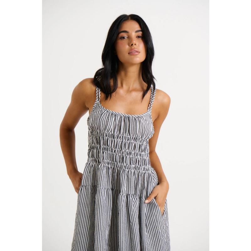 Women Sexy Loose Striped Suspender High Waist Slimming Commuting Midi Dress