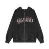 American Vintage Washed Hooded Zip Sweatshirt Men Women Studded Letter Graphic Loose Fit Casual Streetwear