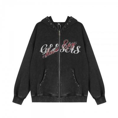 American Vintage Washed Hooded Zip Sweatshirt Men Women Studded Letter Graphic Loose Fit Casual Streetwear