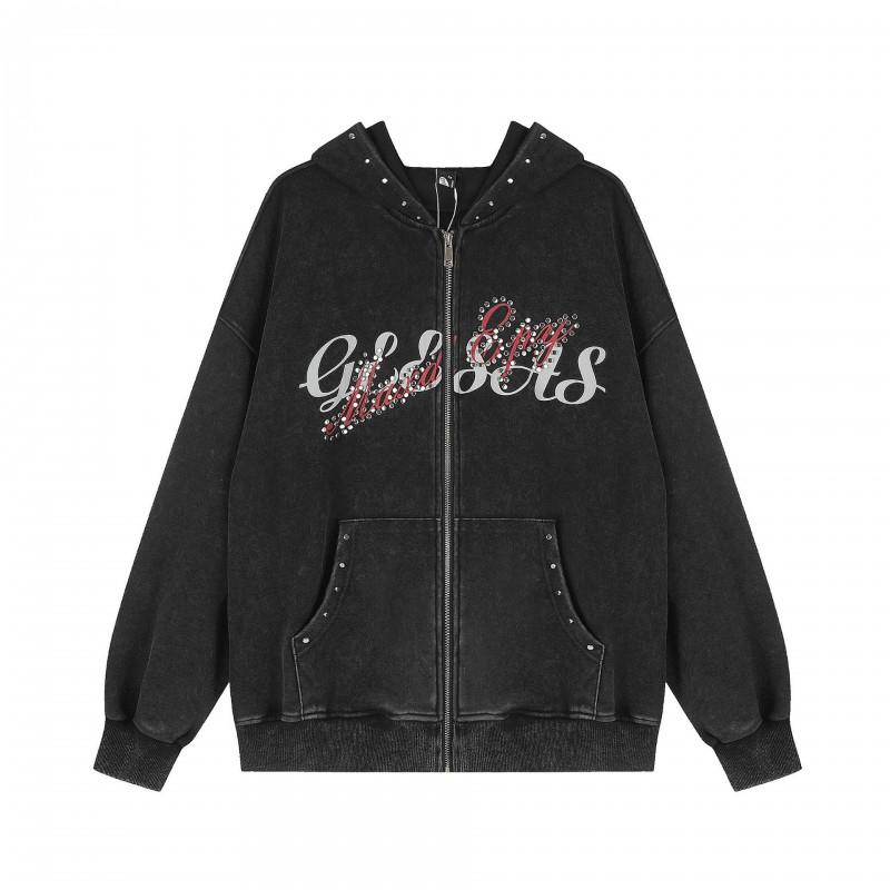 American Vintage Washed Hooded Zip Sweatshirt Men Women Studded Letter Graphic Loose Fit Casual Streetwear