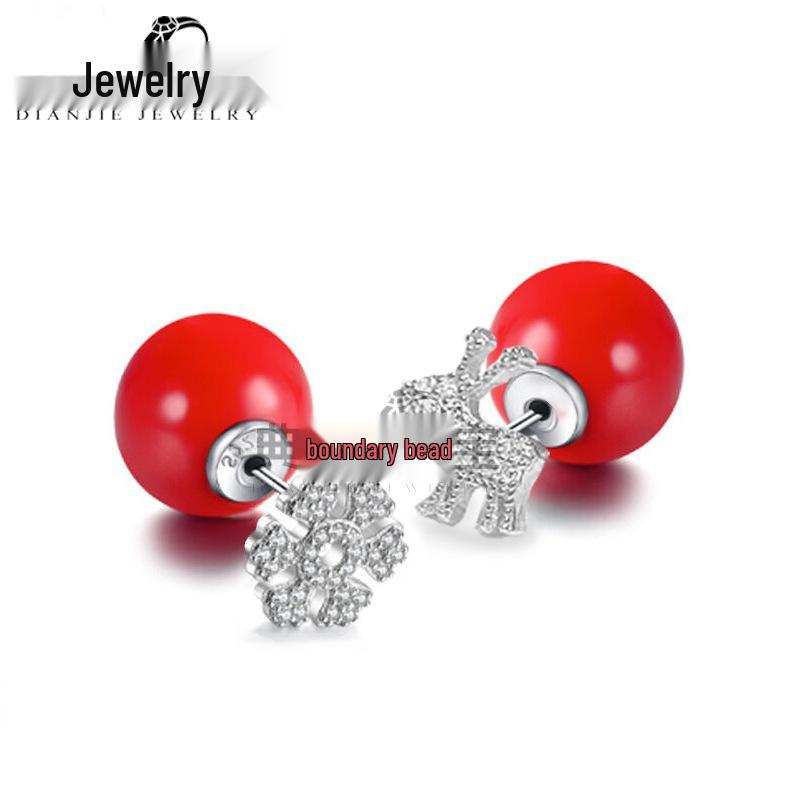 Christmas Reindeer Snowflake Red Pearl 925 Sterling Silver Stud Earrings