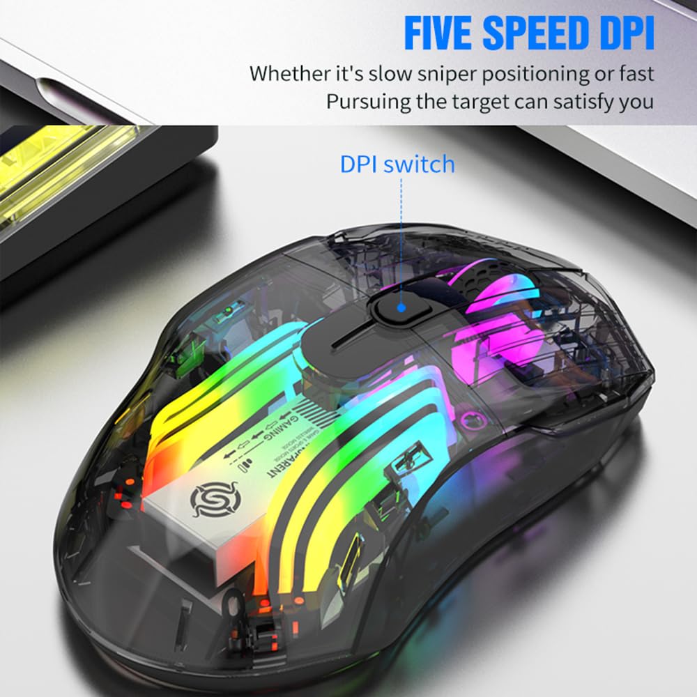 Docooler Wireless Gaming Mouse, Transparent Crystal Shell, 3 Modes (USB Wired + 2.4G Wireless + Bluetooth), 3600DPI Adjustable eSports Mouse,