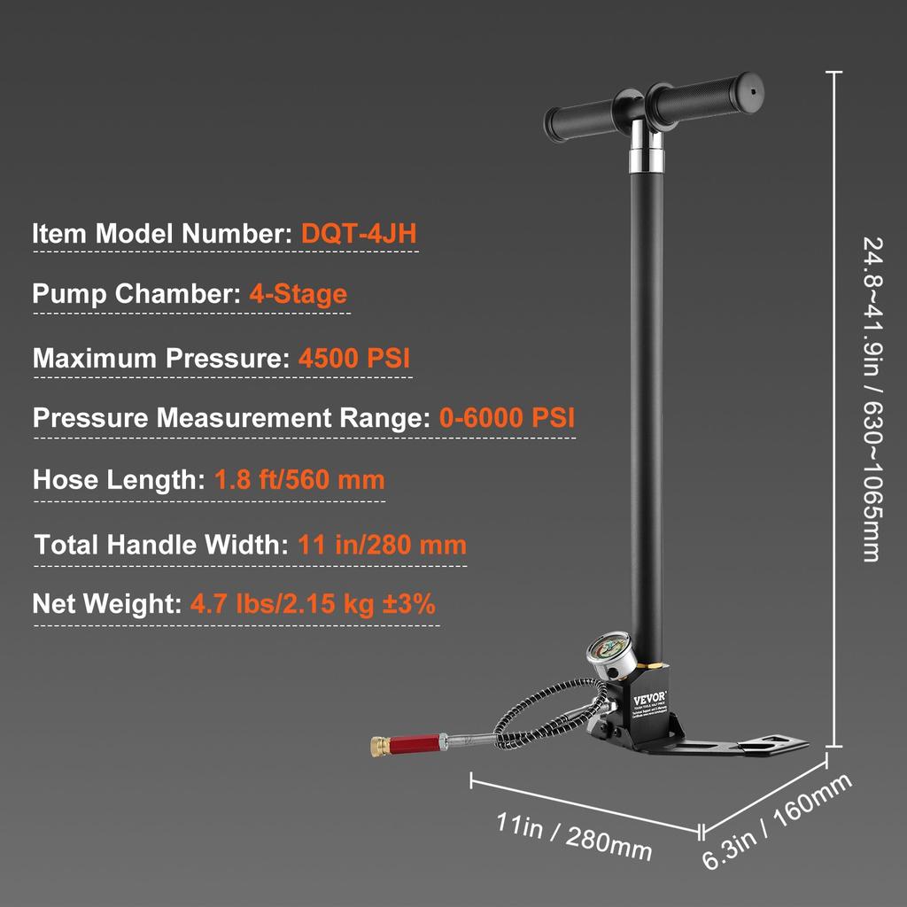 VEVOR PCP Hand Pump, 4 Stage, 30Mpa 4500 PSI High Pressure PCP Air Rifile Filling Stirrup Pump with Oil-Moisture Filter Pressure Gauge