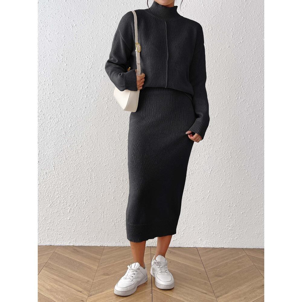 Women's Solid Color Elegant and Stylish Solid Color Set, Semi-high Neck Pullover Sweater, Hip Skirt, Half Skirt Two-piece Set