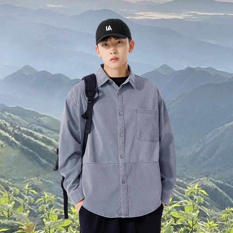 Outdoor Mode Overhemd Lange Mouwen Shirt Heren Mooi Top Effen Kleur Kraag Los Veelzijdig Jas Heren Casual