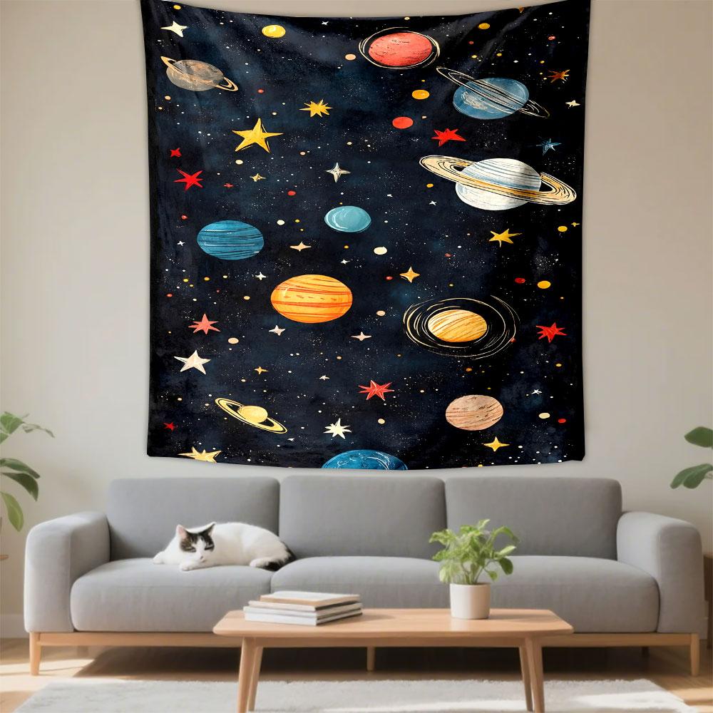 "Colorful Planets and Stars in Space" Patterned Tapestry Decorative Wall Hanging, Home Bedroom Living Room Decor