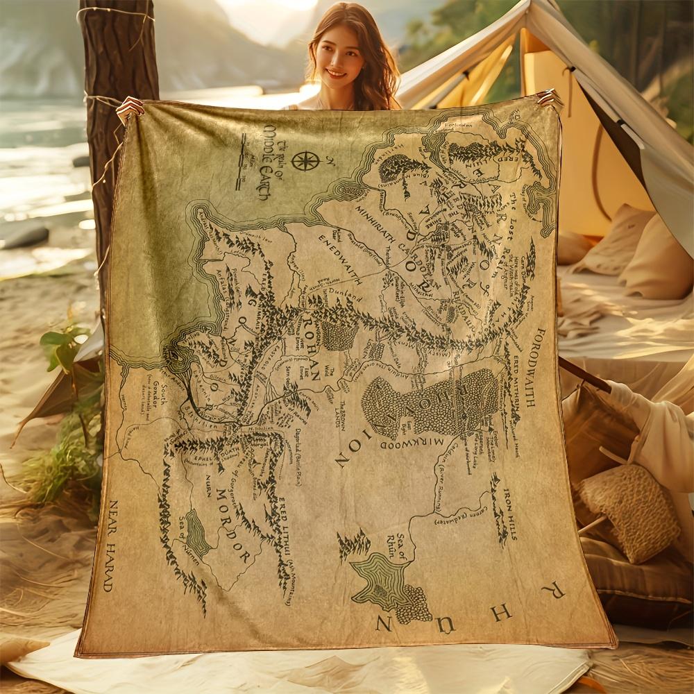 Vintage Middle Earth Fantasy Map Print Flannel Throw - Soft Cozy Ringwraith Design Blanket for Living Room Bedroom Study, Gift
