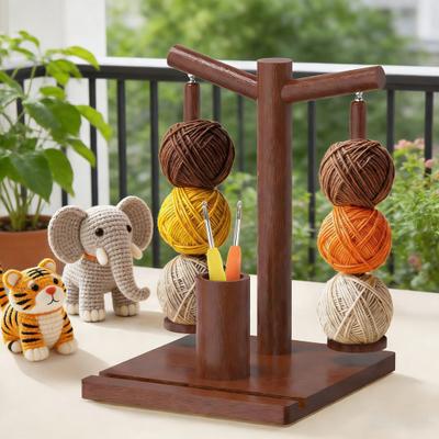 Holz-Garnhalter Magnetischer drehbarer Garnspinner mit 2 Spindeln Garnspender mit Handyhalter zum Stricken und Häkeln