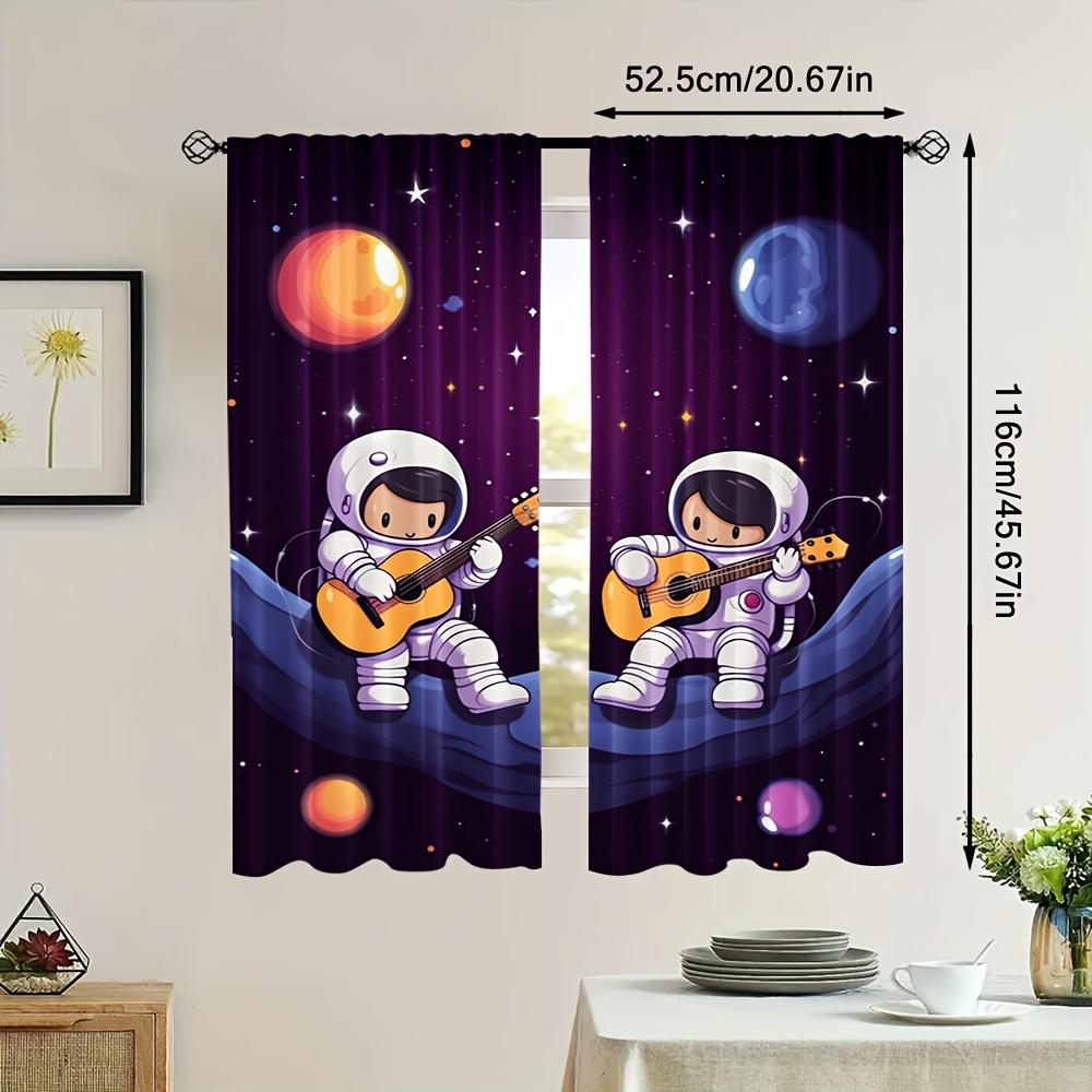 2pcs Astronaut Guitar Space Themed Polyester Curtains   Machine Washable   Contemporary Style   No Electricity or Battery Needed   I