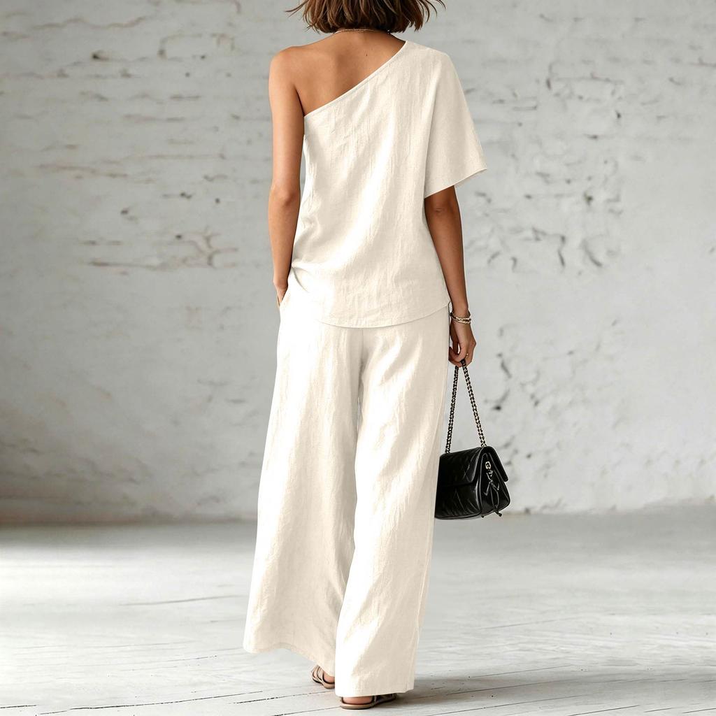 Damen 2-teiliges Outfit, einärmeliges Oberteil mit kurzer Ärmellänge und hochtaillierte Hose mit weitem Bein, lässiges Boho-Leinenmischgewebe, Sommer-Loungewear