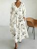 New French v-neck bubble sleeves waist print long dress flowers retro