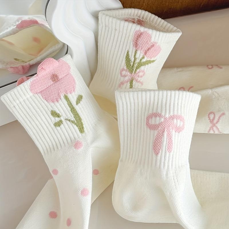 Women's Cute Flower Bow Pattern Mid-calf Socks - Fresh and Elegant for Dressing, Breathable and Comfortable,Cute Socks, Nice Sports Socks, Short Socks