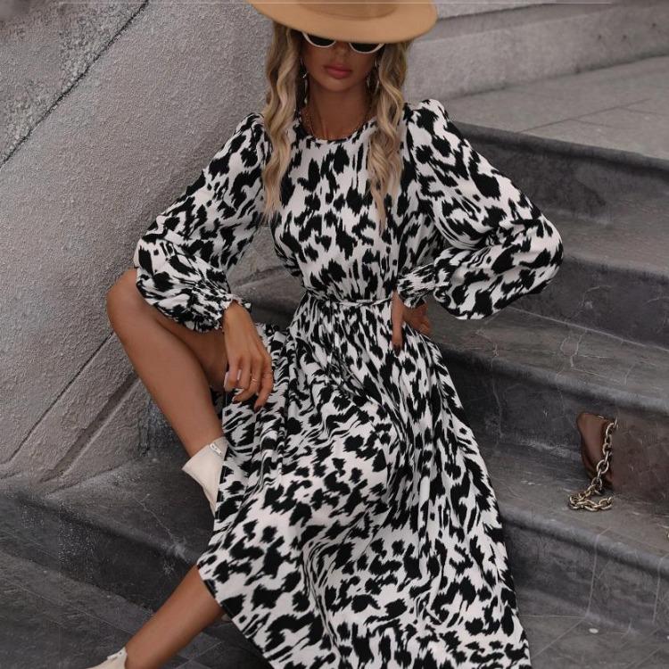 

Women Casual Leopard Print Long Sleeve A-Line Dress Spring High Waist O-Neck Lace Up Ankle-Length Dresses S белый