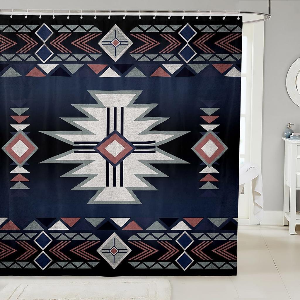 Southwest Shower Curtain, Geometric Aztec Tribal Pattern Bathroom Curtain Vintage Striped Western Waterproof for Kids Girls