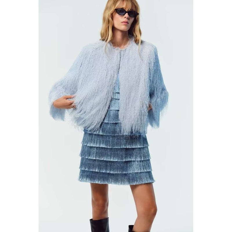 Za New Autumn and Winter Women's Clothing European and American Style Light Blue Round Neck Tassel Jacket 8376857 406