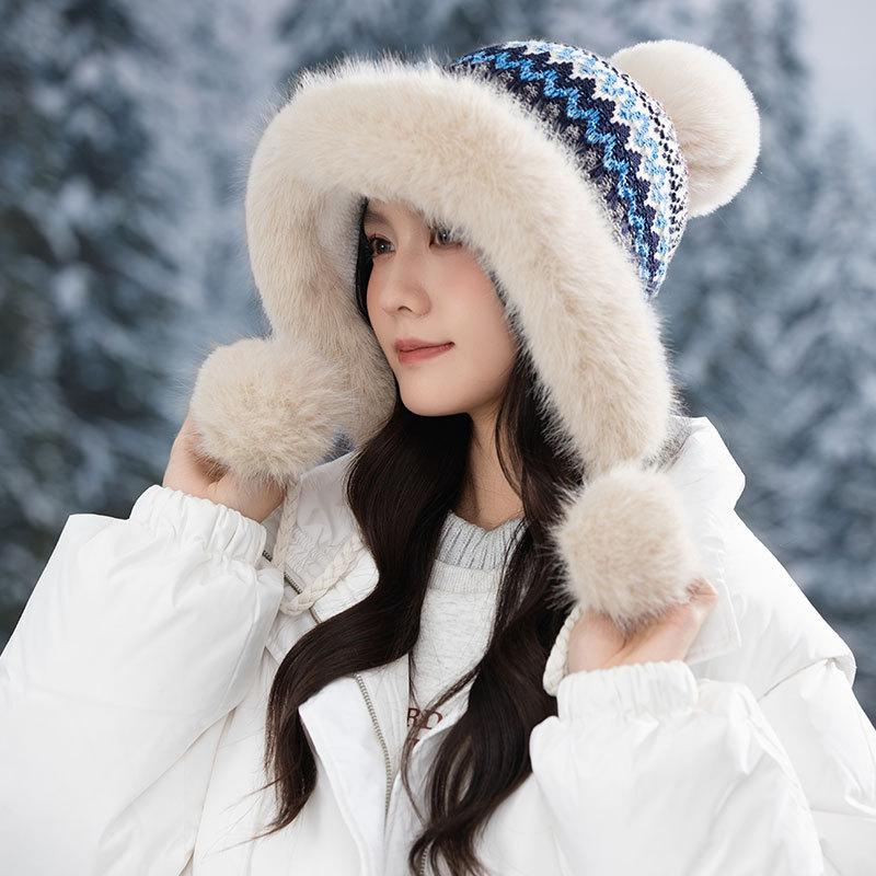 Ethnic Style Furry Warm Hat Women's Winter Plush Thickened Hairball Cold Hat Outdoor Ski Hat