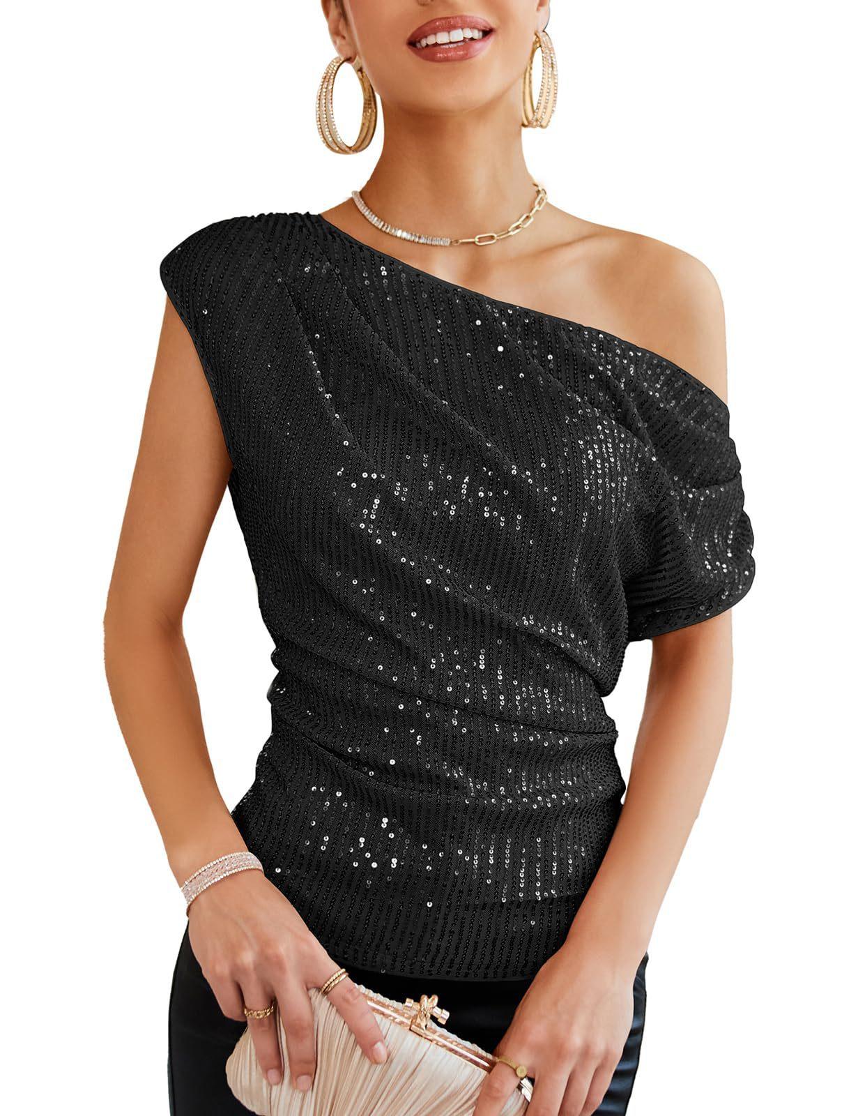 Women S One Shoulder Sequined Pleated Short Sleeve Top S чёрный