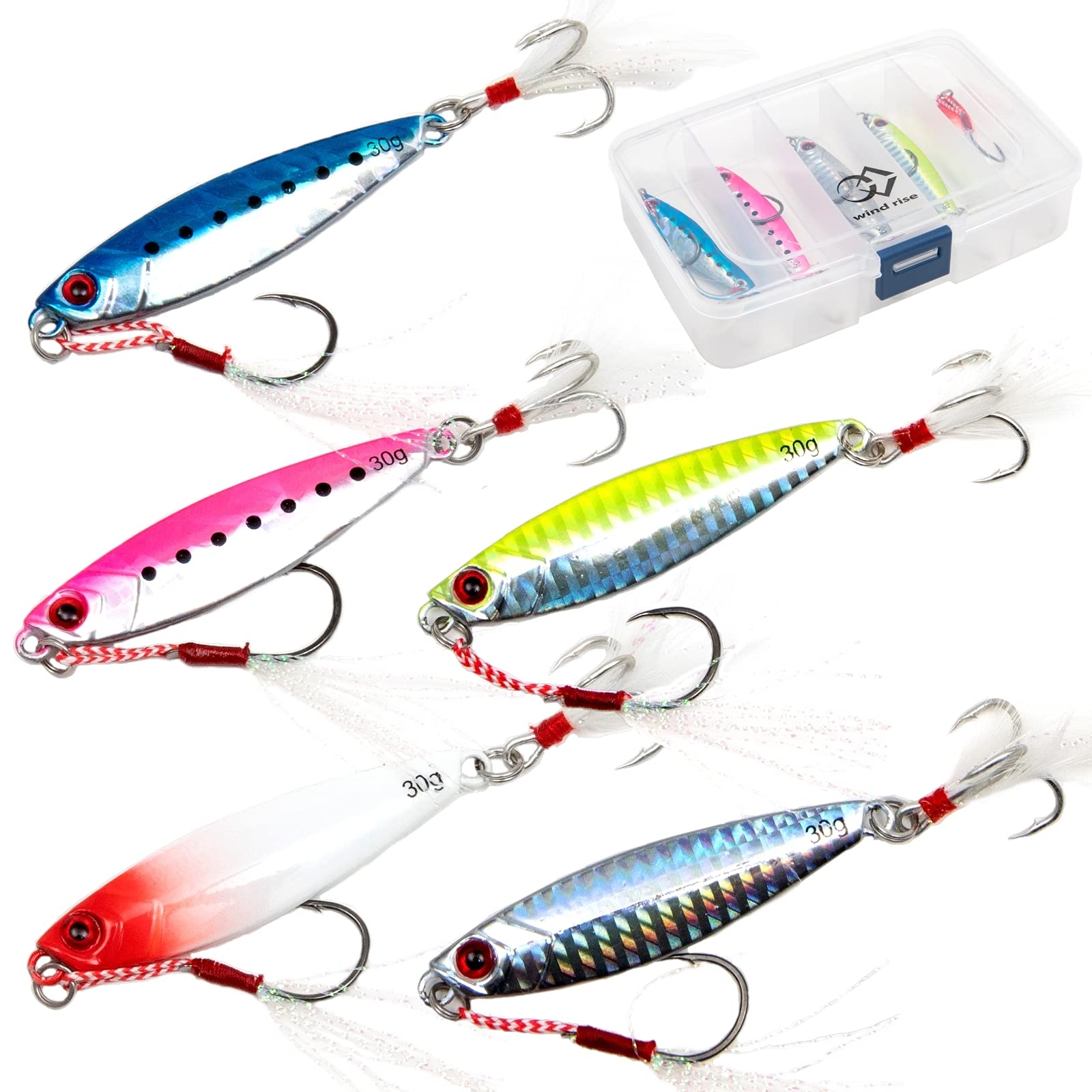 

Wind Rise Metal Jig Set with Center Balance Set, 5-Piece Case, 20g, 30g, 40g, Bluefish, Hairtail, Flounder, Jigging, (30g, 5-Piece Set) синій