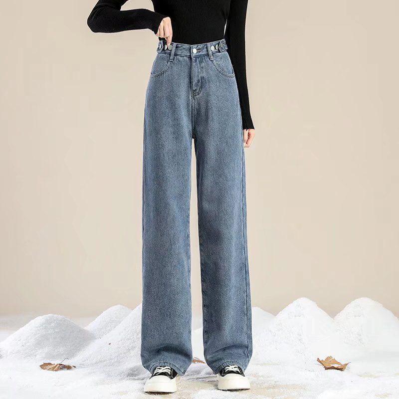 Pantaloni Denim Casual Blu Lavato con Gamba Dritta e Fodera in Peluche, Chiusura con Cerniera e Bottone, Jeans Denim Inverno da Donna