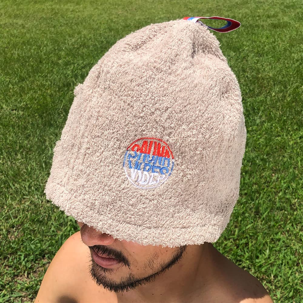 Sauna Hat Premium Imabari Towel Made In Japan Beige Logo Loop [SAUNA VIBES] Men's & Women's (Sand (3 Colors, & Pocket))