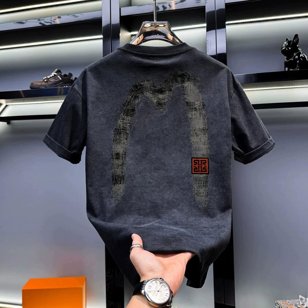 Round Neck Trendy Tops, Fashionable and Versatile Men's T-shirts, Loose Printed Short Sleeves for Couples Cotton