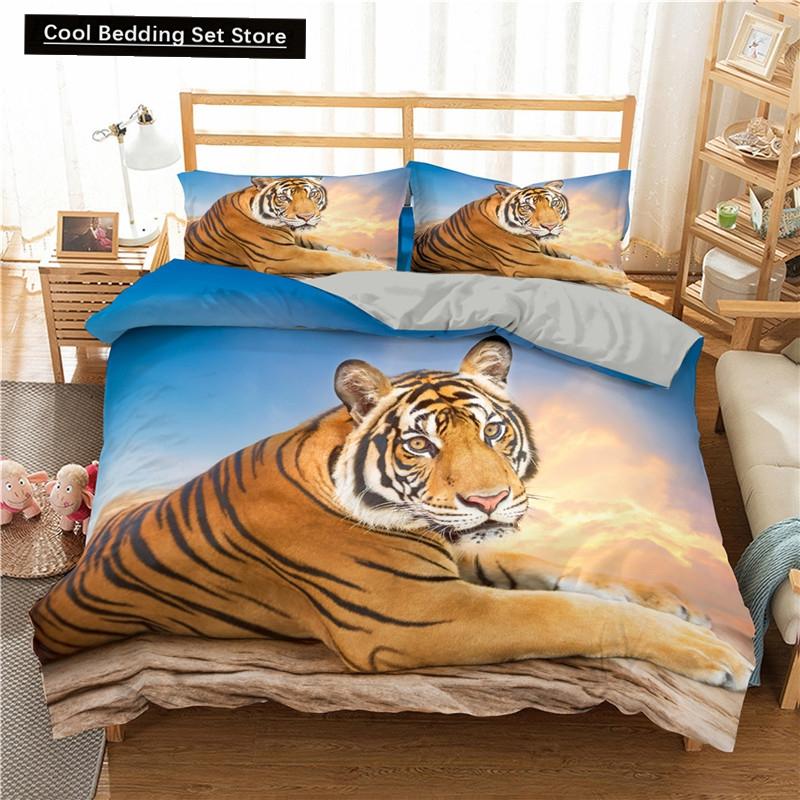 Comforter 3D Tiger Bedding Set King Queen Full Twin Size Brown Animal Jungle Wildlife Comforter Polyester