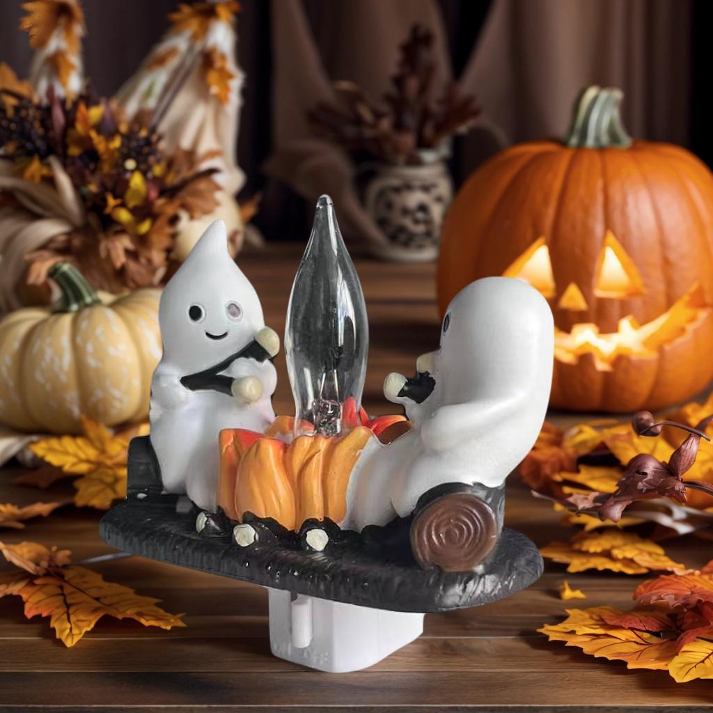 1 Halloween Ghost Figurine with Fire and Lights, Cute Ghost Design, Lighting Effect Atmosphere, Desktop Home Holiday Decoration Item