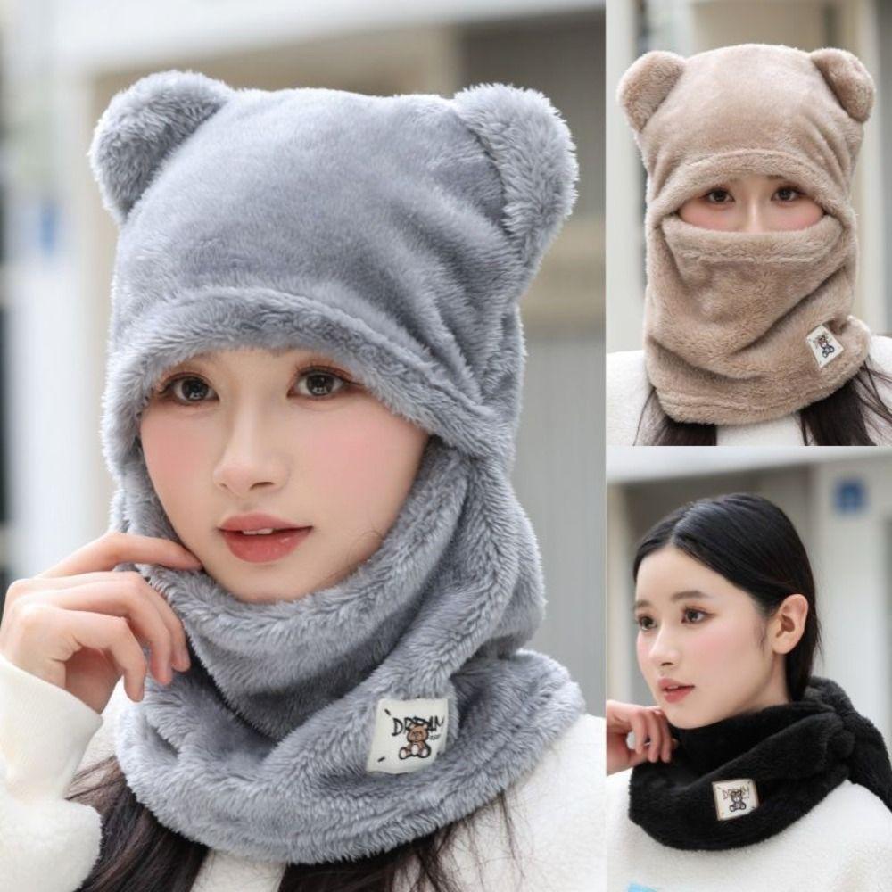 Windproof Cute Bear Cap Scarf Set Plush Ear Protection Hat Fashion Pullover Cap Women Girls