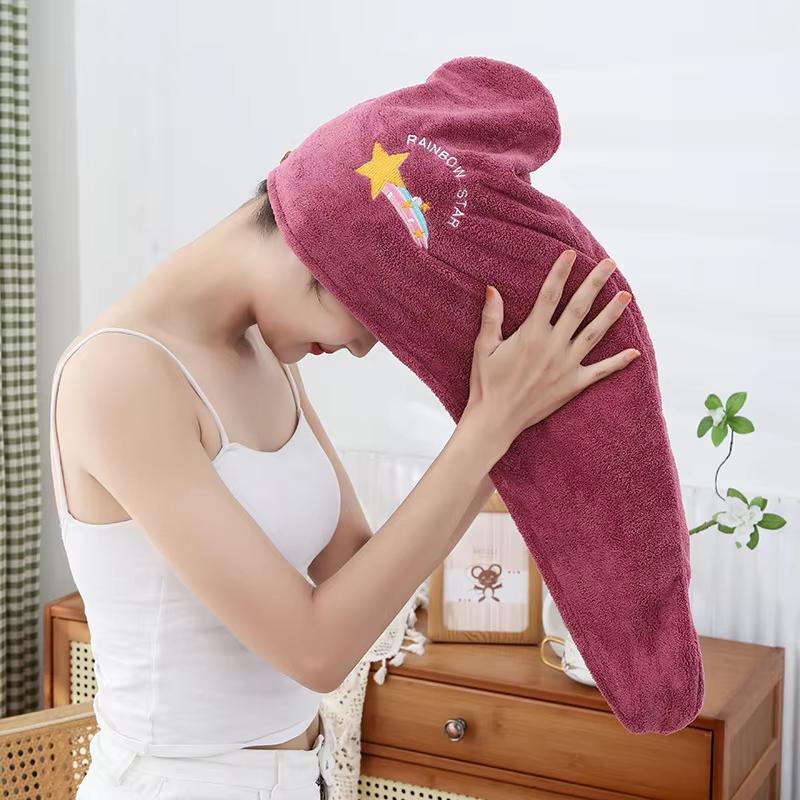 1Pc Embroidery Style Hair Drying Cap, Coral Fleece Thickened Hair Towel For Bathroom, Women'S Absorbent Quick Drying Shower Cap