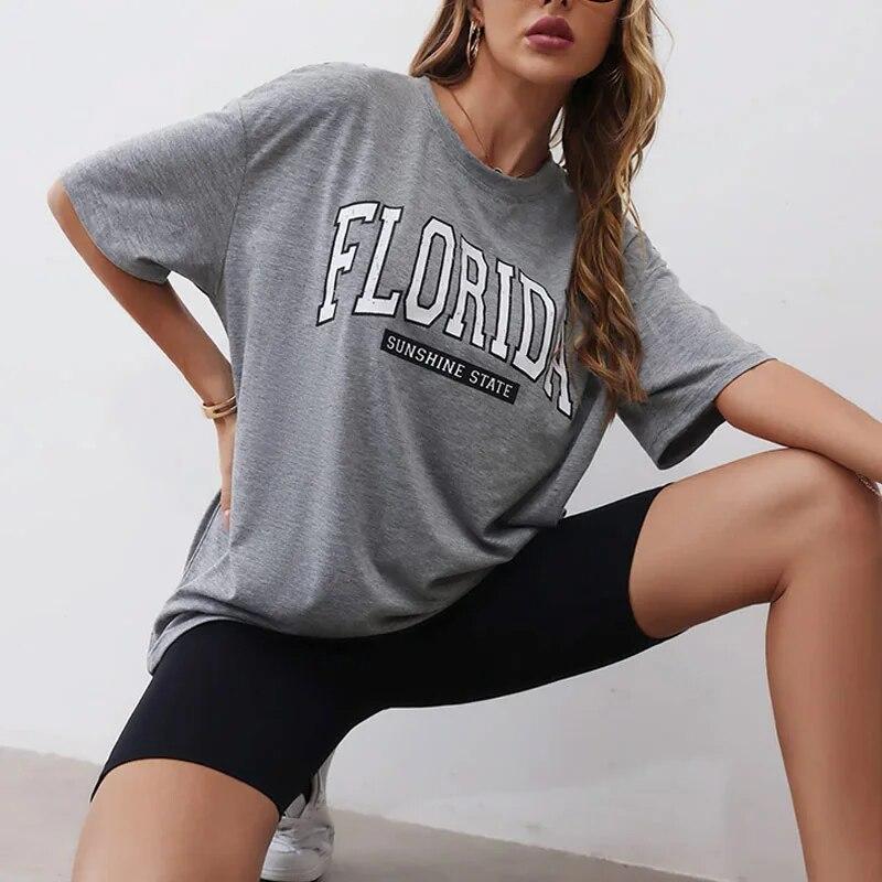 Módní potisk Florida Stát slunce Písmena Tištěná trička Dámské Street Hip Hop Krátký rukáv Běh Sport Volné Tričko