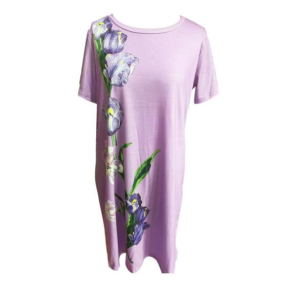 Women Dress Floral Breathable Pullover Sleeves O Neck Short Tulip Print Loose Soft A-line Knee
