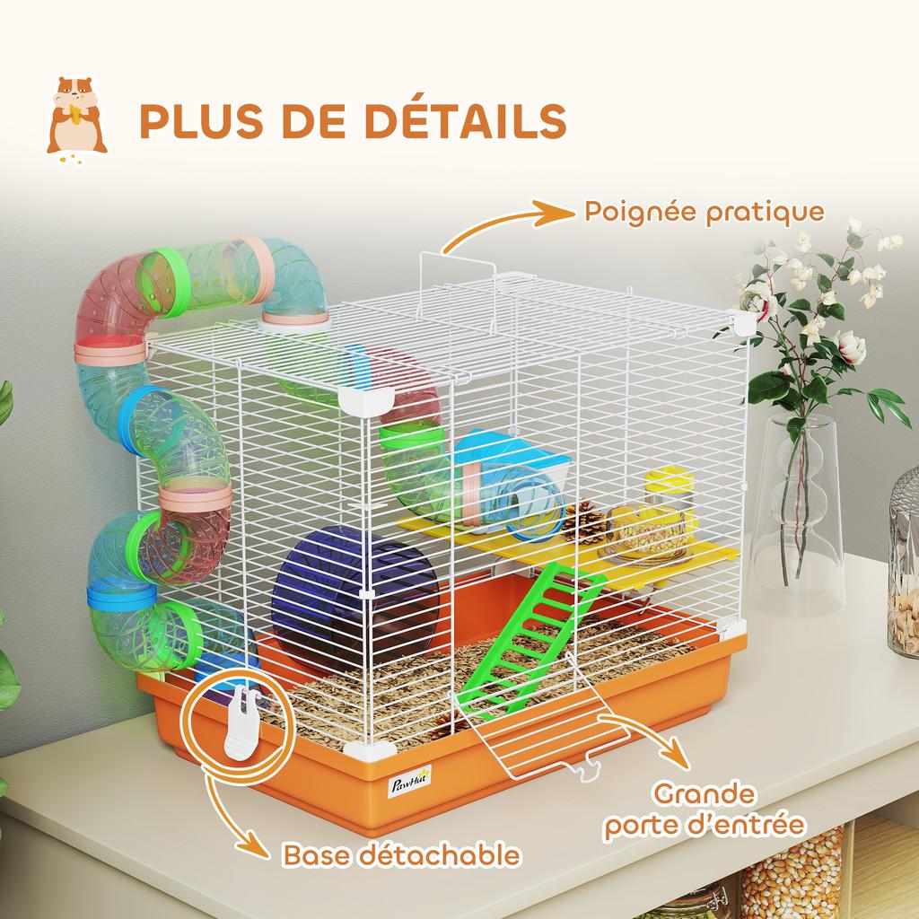 Hamster Cage, 2-Level, Tunnel, Water Bottle, Wheel, House, Ladders, 46 x 30 x 37 cm, Orange