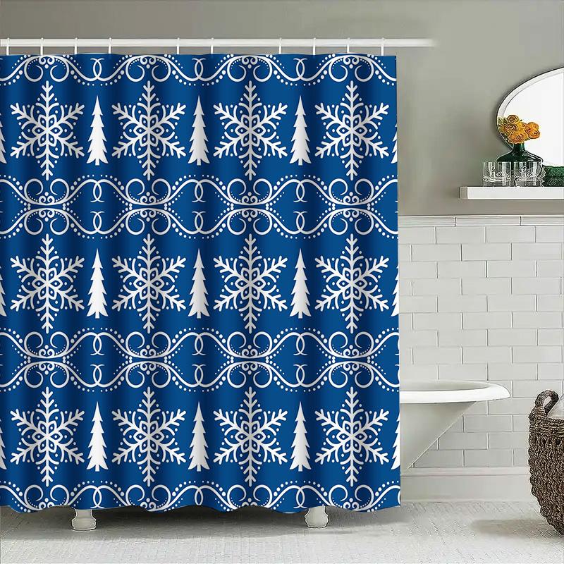 Christmas Bath Mat3D Snowflake Christmas Tree Shower Curtain Waterproof Decorative Liner Set In Blue White For Bathroom (Blue/Wh