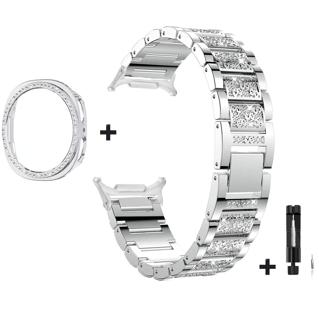 Rhinestone Bling Metal Watch Band + PC Protective Case For Samsung Galaxy Watch 8 44mm 40mm Business Watch Band