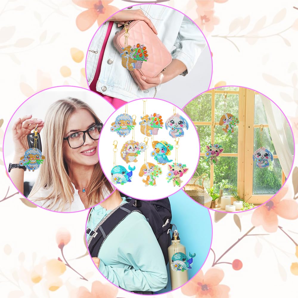 FineGood Animal Diamond Art Painting Keychain Kit 5D Diamond Art Suncatcher Kit Crystal Diamond Keychain DIY Carft 8 Pieces for Hanging Ornaments