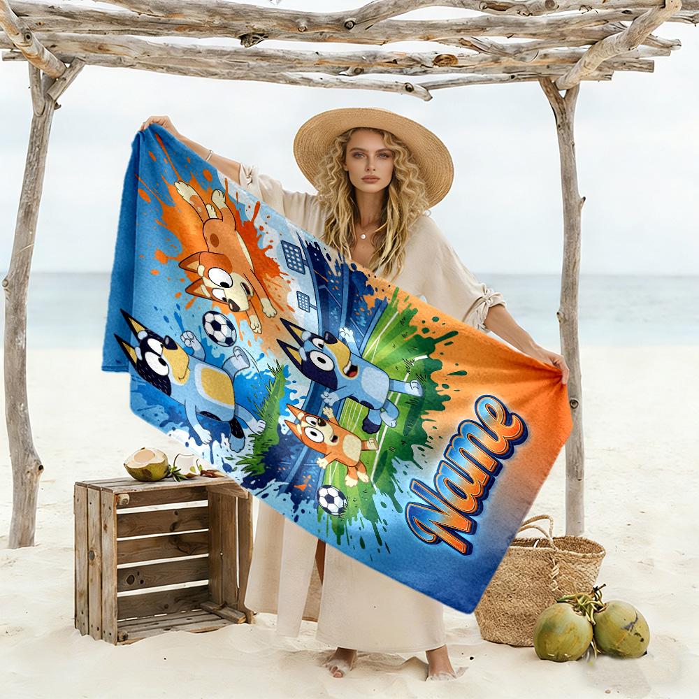 Soccer Fun Bluey Personalized Name Beach Towel Quick-Dry Soft Microfiber Suitable for Sports Travel Swimming Yoga Bathroom Beach And Pool