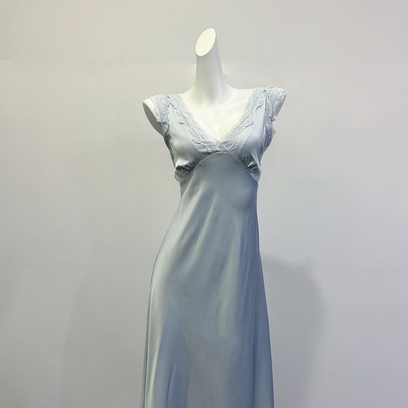 

Bofog Girl French Blue Suspenders Nightdress Women with Chest Pad Spring and Summer Ice Silk Satin Sexy Home Wear Can Be Outwear Grey-Tone Blue (Removable Chest Pad) 160 (M)