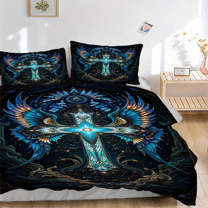 

3pcs Gothic Cross Bedding Set - 1 Duvet Cover + 2 Pillowcases(Core Not Included), Machine Washable Polyester yy251216124 135x200cm