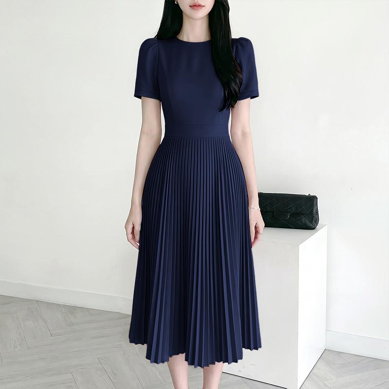 ZANZEA Women Casual Round Neck Short Sleeve Elegant Pleated Dress