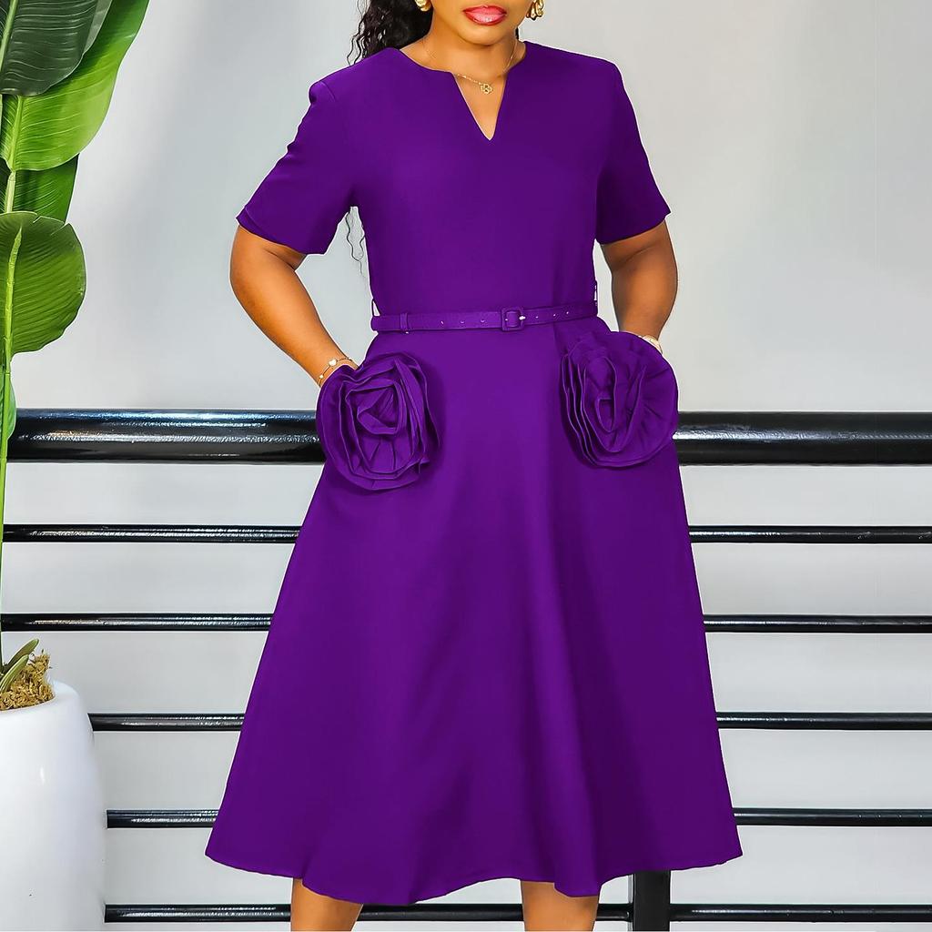 Elegantes A-Linien-Kleid mit V-Ausschnitt für Damen - Sommer 2025 Mode, Übergröße, Kurzarm, Taillenschlankmachend, Europäischer & Amerikanischer Stil