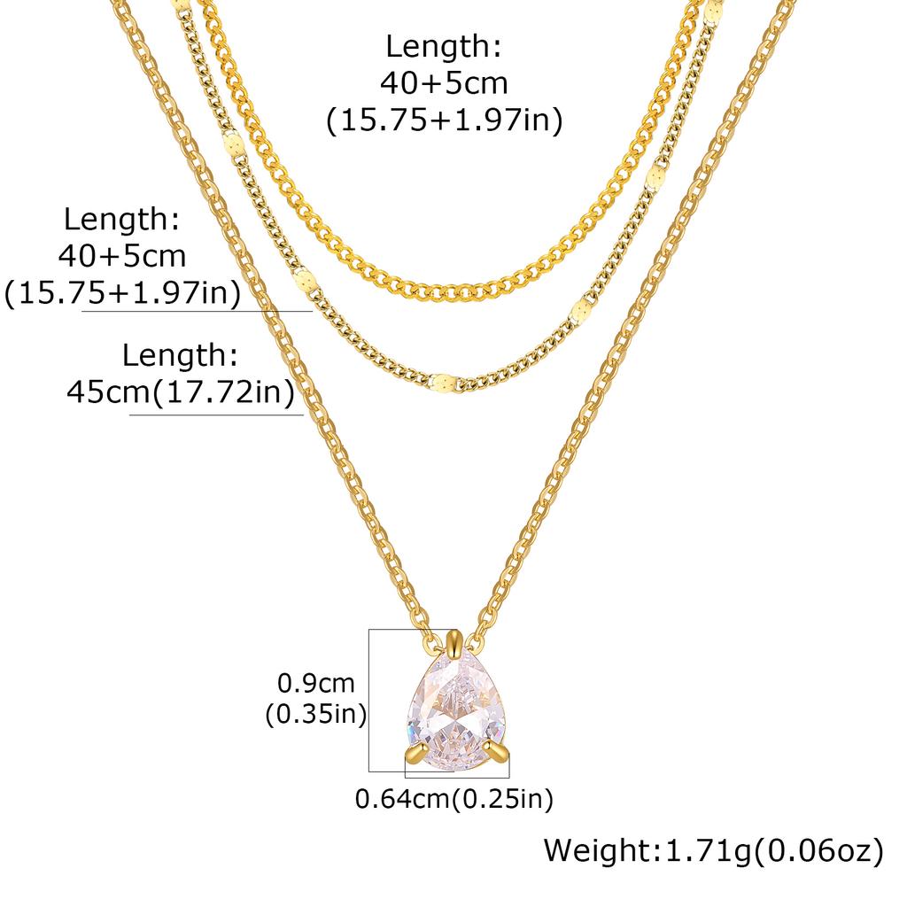 3pcs Set Simple Fashion 18K Gold Plated Stainless Steel Water Drop Heart Zircon Pendant Necklace for Women, Classic Jewelry Set